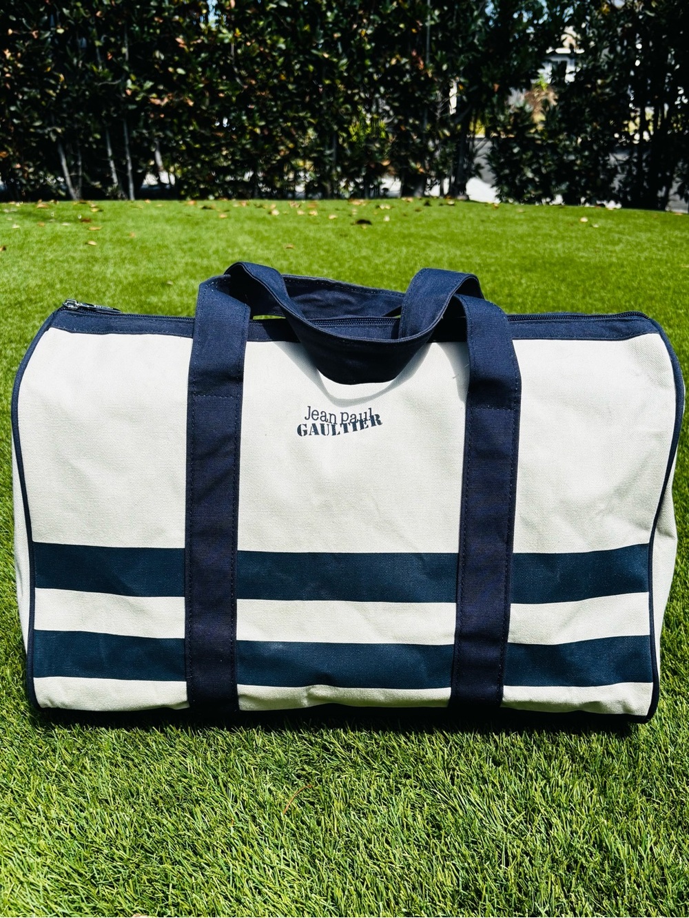 Jean Paul Gaultier White and Navy Striped Canvas Duffel